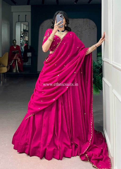 Rani Color Plain Lehenga Choli for Wedding
