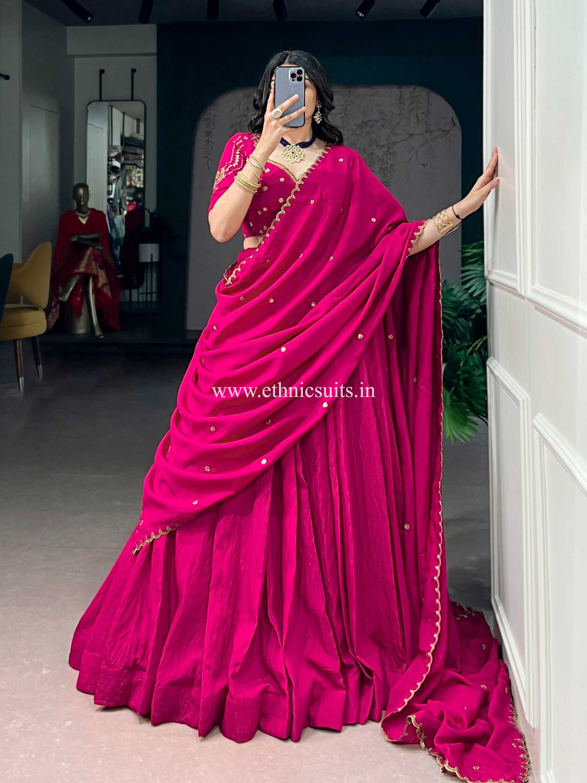 Rani Color Plain Lehenga Choli for Wedding