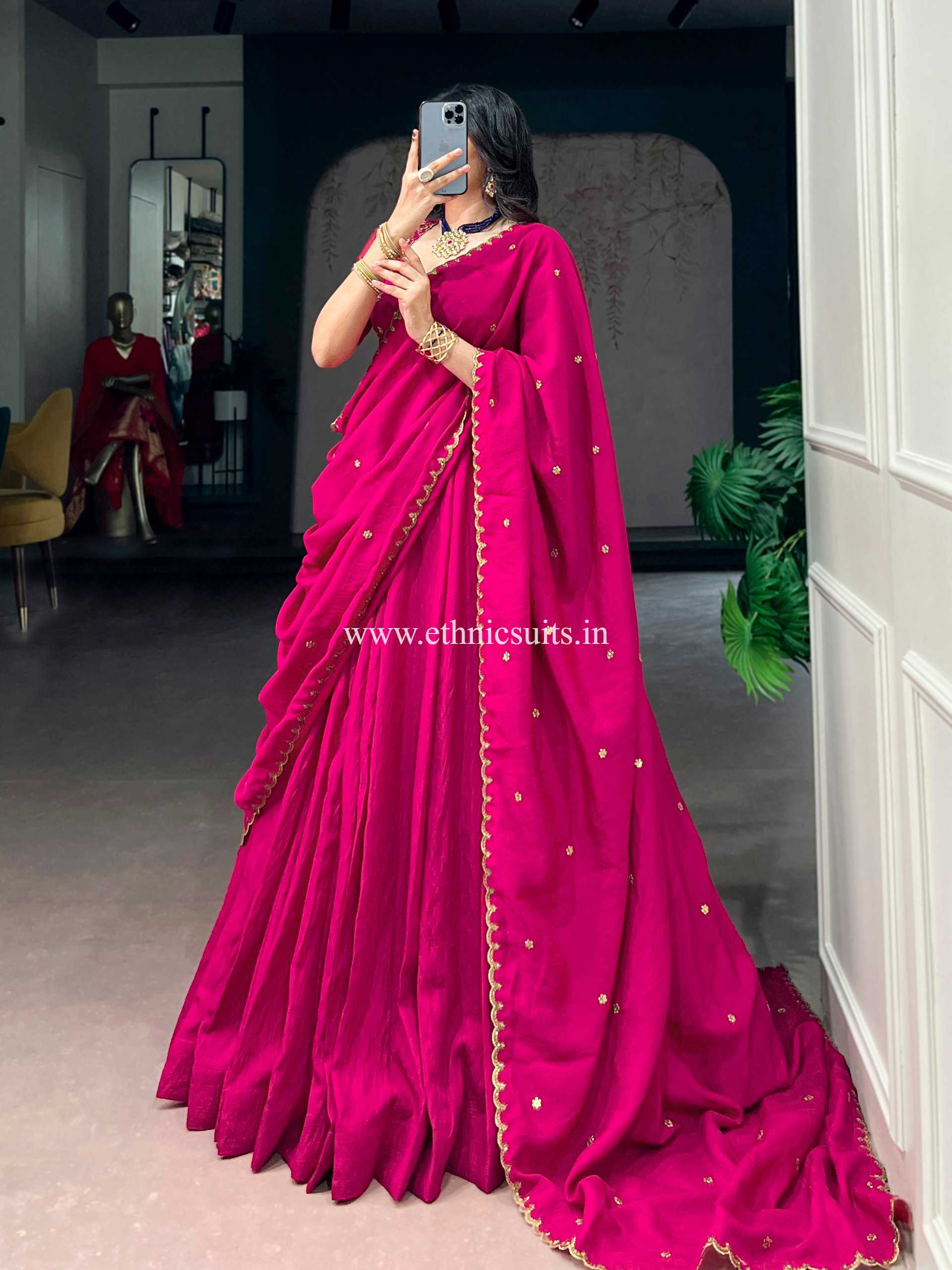 Rani Color Plain Lehenga Choli for Wedding