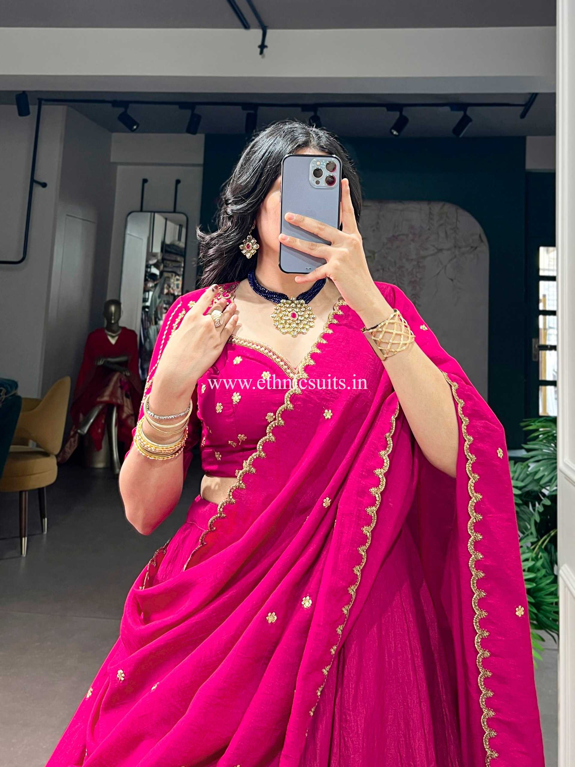 Rani Color Plain Lehenga Choli for Wedding