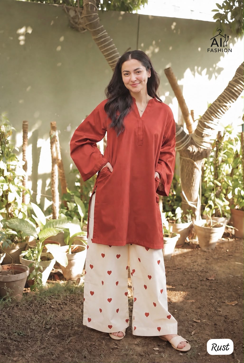 Rust Hania Amir Inspired Heart Embroidery Plazzo with Kurti