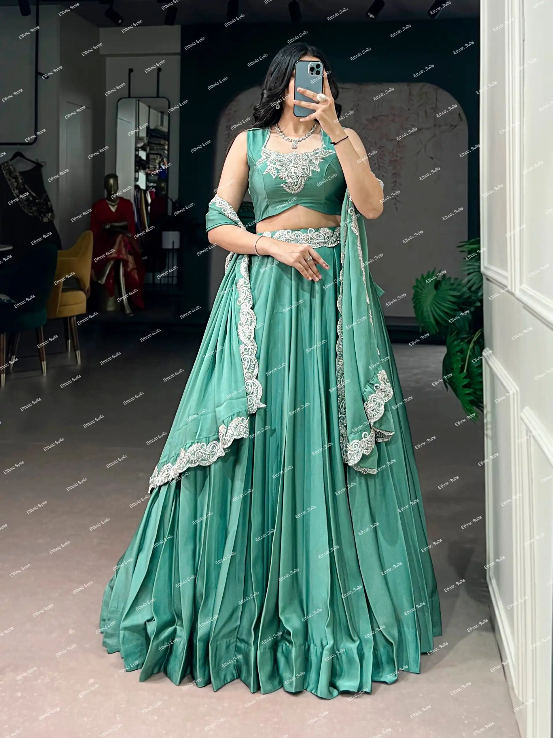 Sea Green Stylish Lehenga Choli with Minimal Embroidery