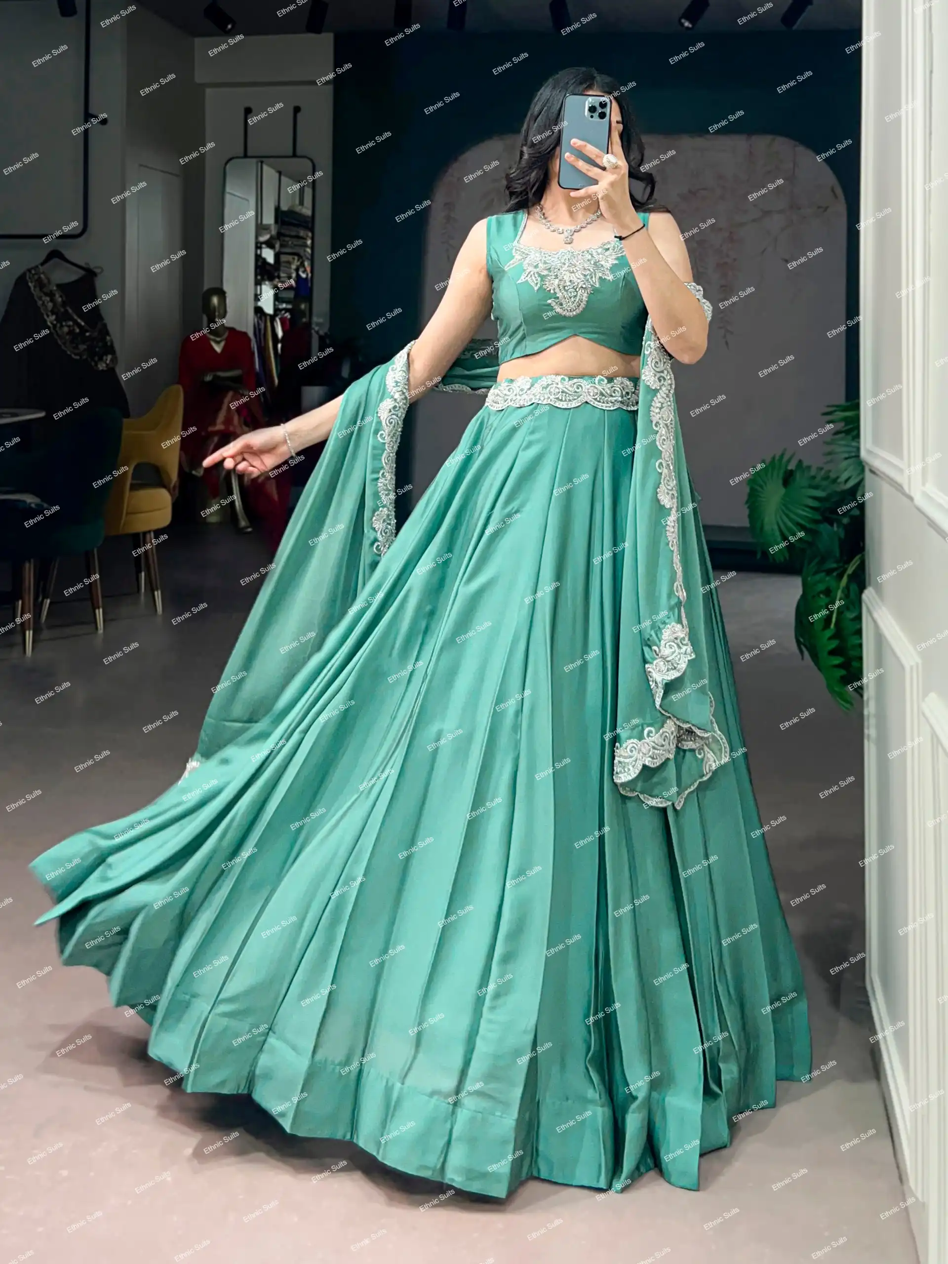 Sea Green Stylish Lehenga Choli with Minimal Embroidery