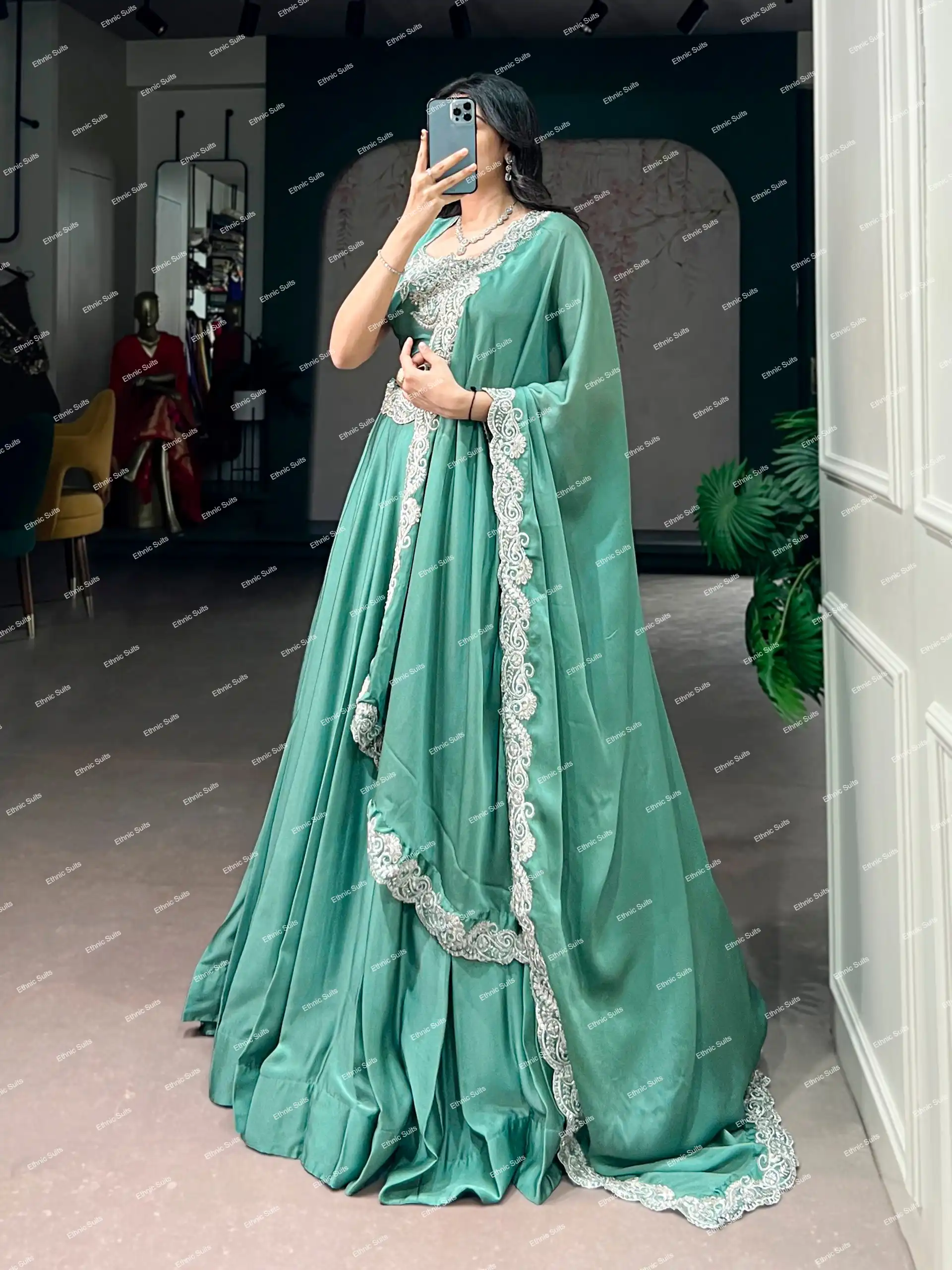 Sea Green Stylish Lehenga Choli with Minimal Embroidery