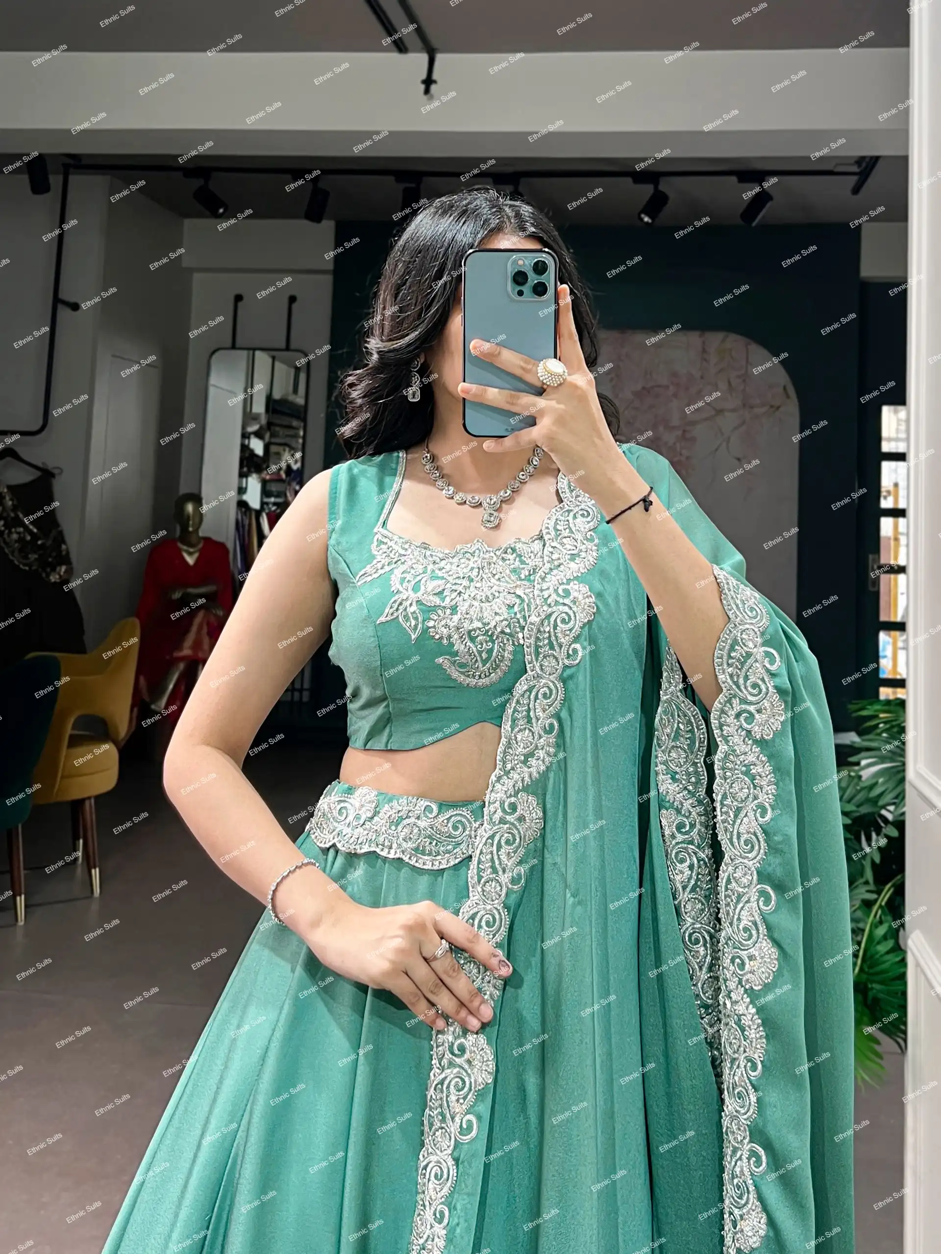 Sea Green Stylish Lehenga Choli with Minimal Embroidery