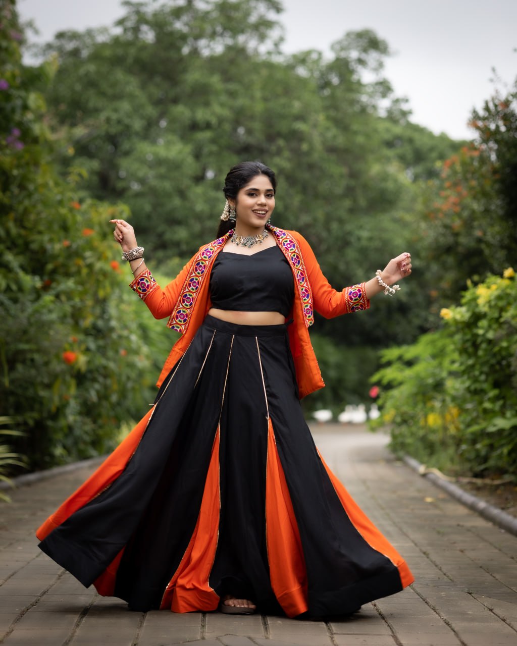 Traditional Black Chaniya Choli with Orange Jacket