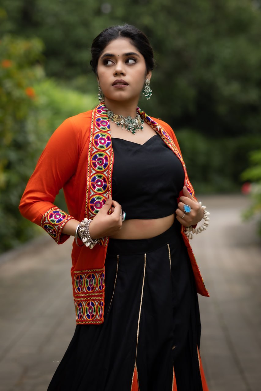 Traditional Black Chaniya Choli with Orange Jacket
