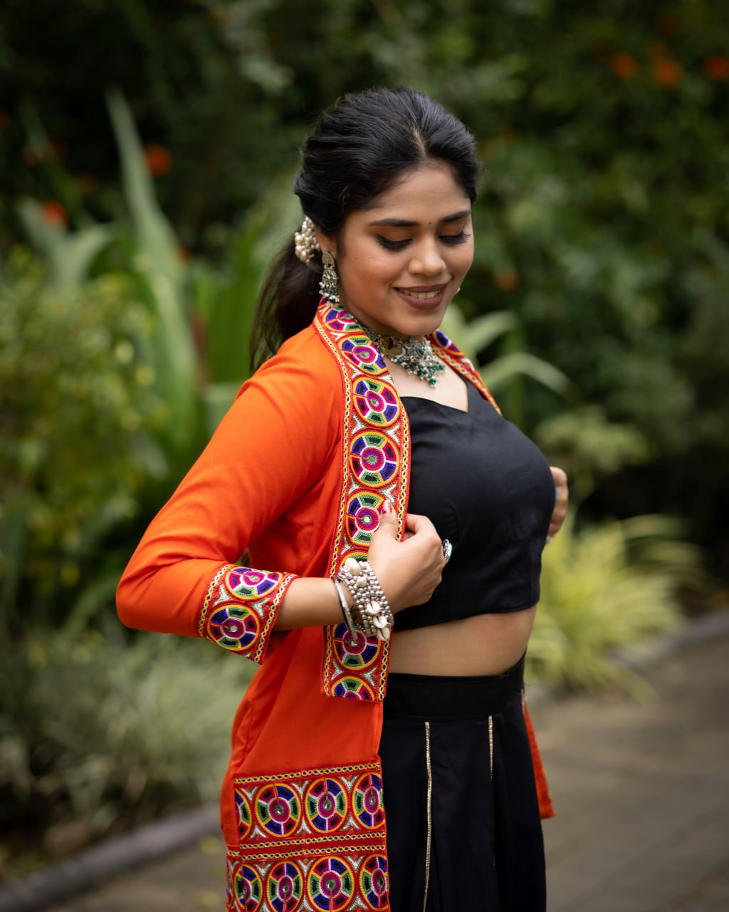 Traditional Black Chaniya Choli with Orange Jacket