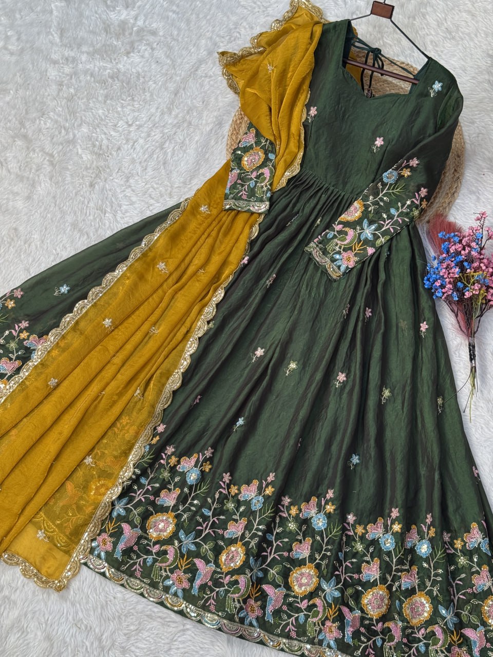 Wedding Special Green Gown with Contrast Dupatta
