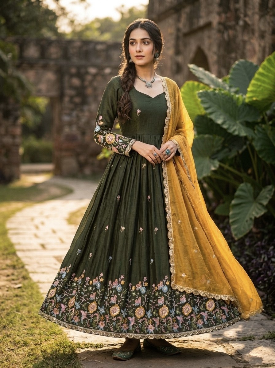 Wedding Special Green Gown with Contrast Dupatta