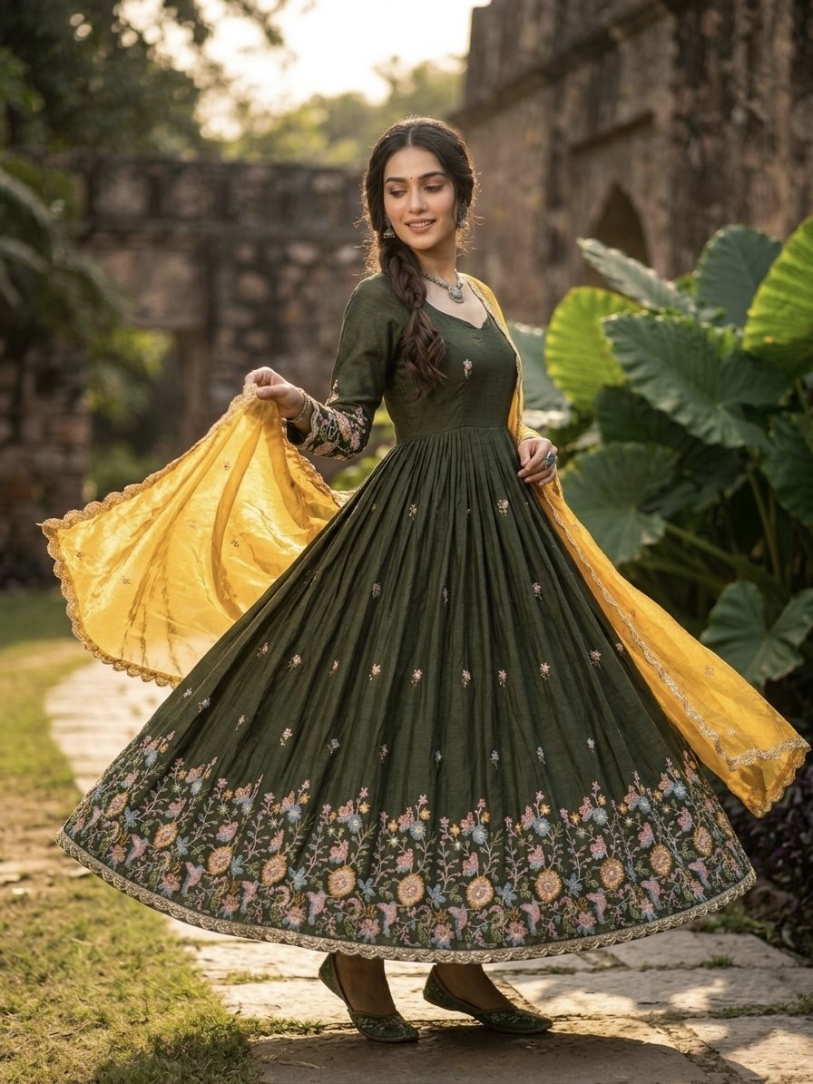 Wedding Special Green Gown with Contrast Dupatta