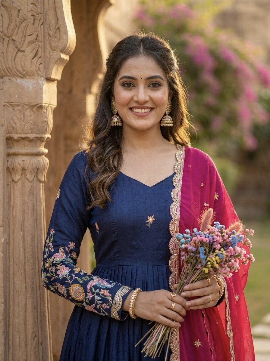 Wedding Special Royal Blue Gown with Contrast Dupatta