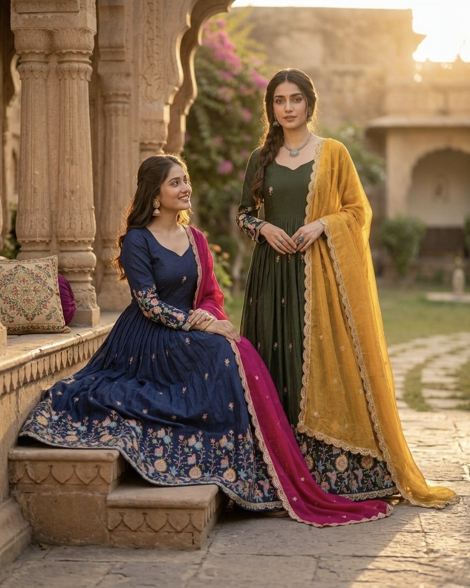 Wedding Special Royal Blue Gown with Contrast Dupatta