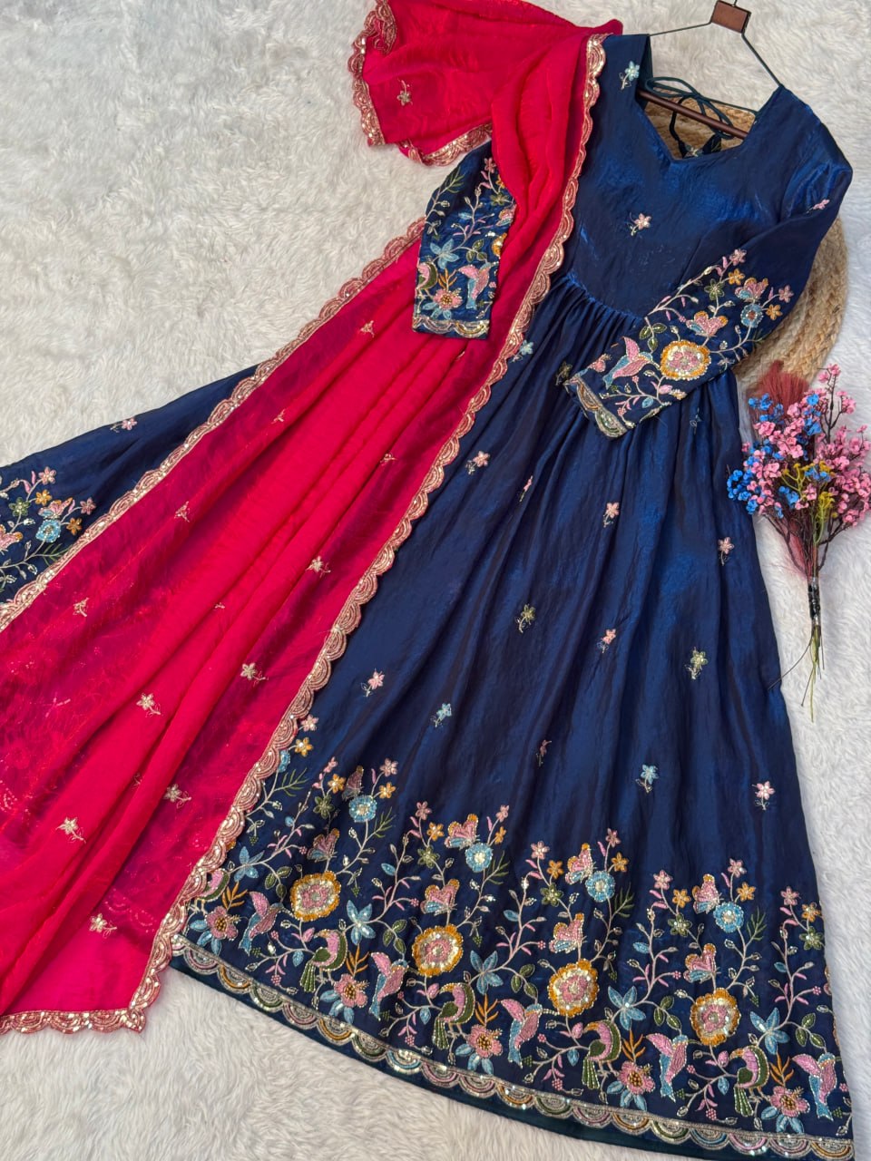 Wedding Special Royal Blue Gown with Contrast Dupatta