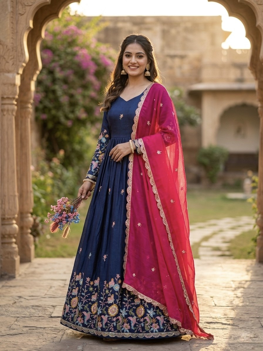 Wedding Special Royal Blue Gown with Contrast Dupatta