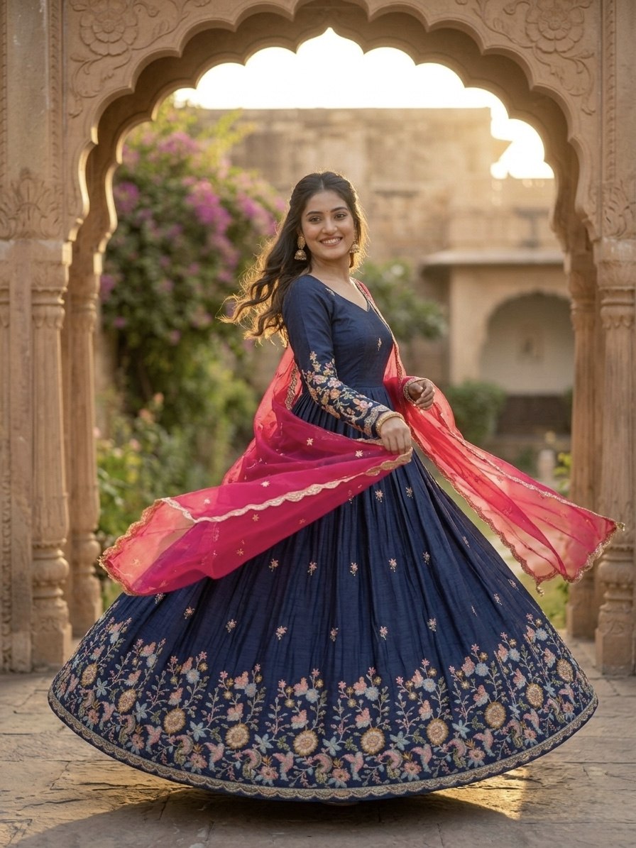 Wedding Special Royal Blue Gown with Contrast Dupatta