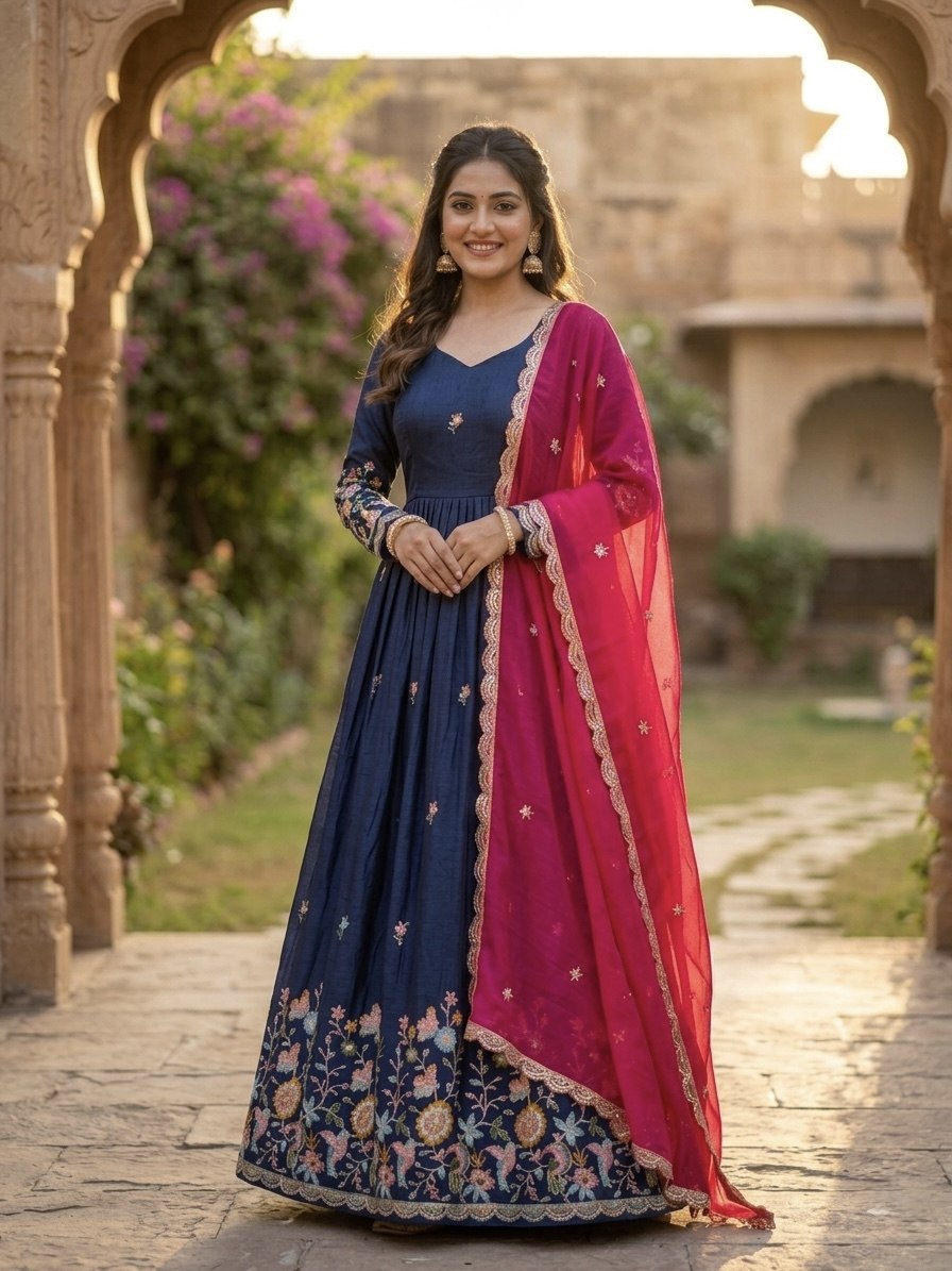 Wedding Special Royal Blue Gown with Contrast Dupatta