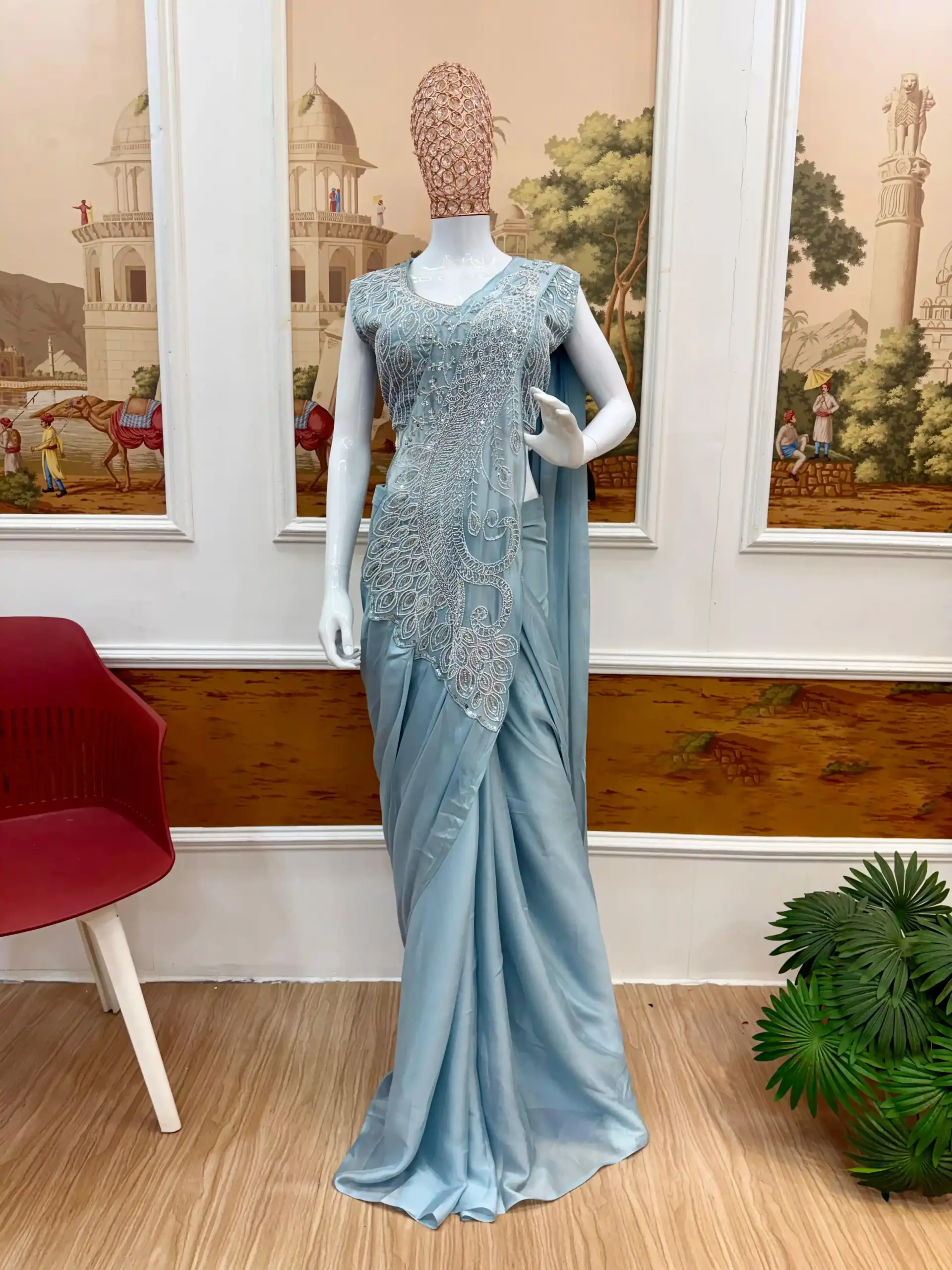 Sky Blue Beads Work Readymade Saree with Fancy Pallu