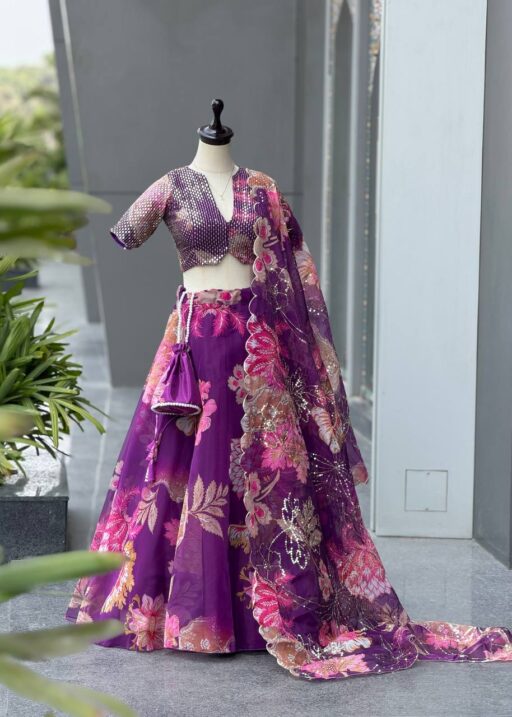 Purple Floral Organza Lehenga Choli with Embroidered Dupatta and Designer Batwa Bag
