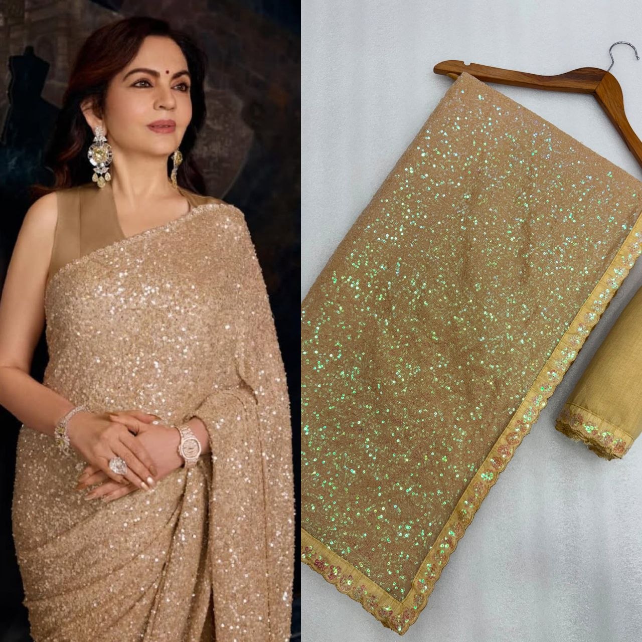 Neeta Ambani Inspired Golden Color Sequence Saree