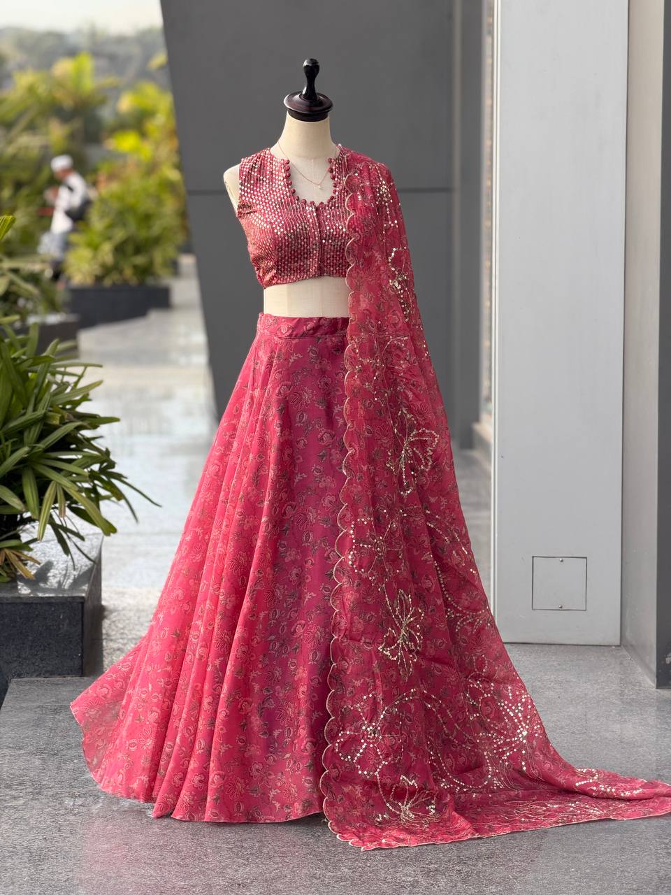 Pink Floral Jimmy Organza Readymade Lehenga with Embroidered Dupatta and Designer Batwa Bag