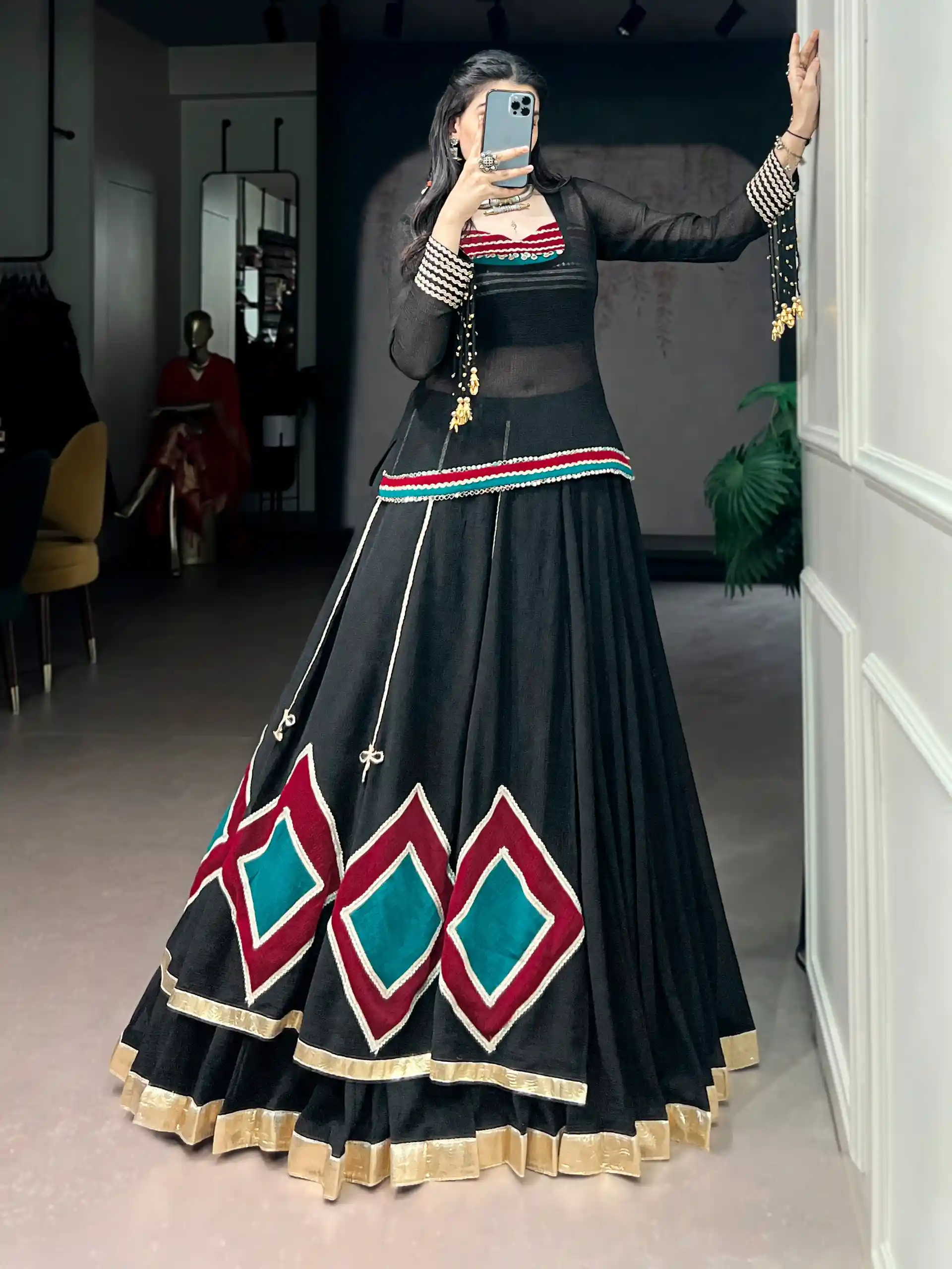 Black Chaniya with Fancy Choli for Navratri Garba Nights
