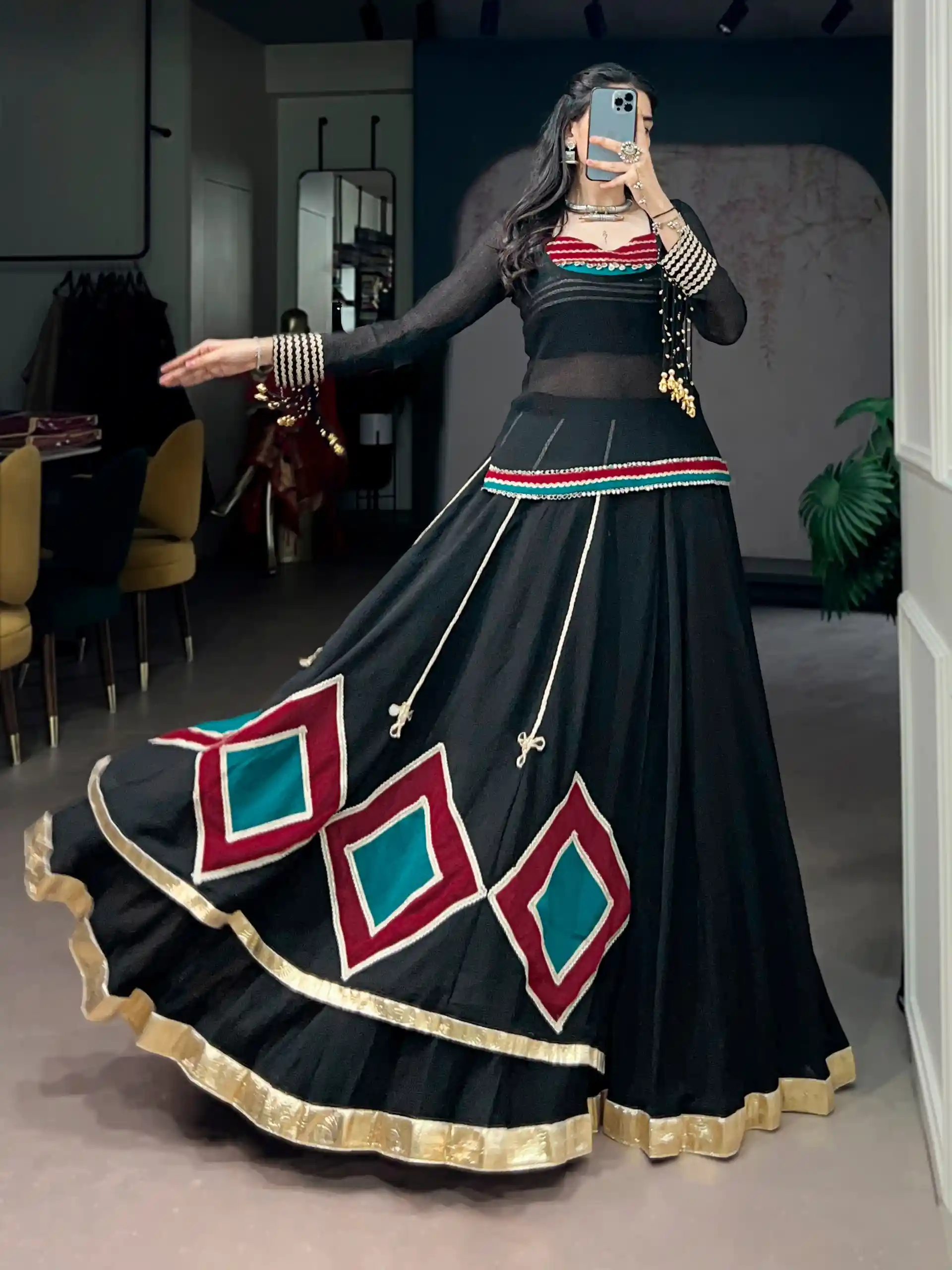 Black Chaniya with Fancy Choli for Navratri Garba Nights