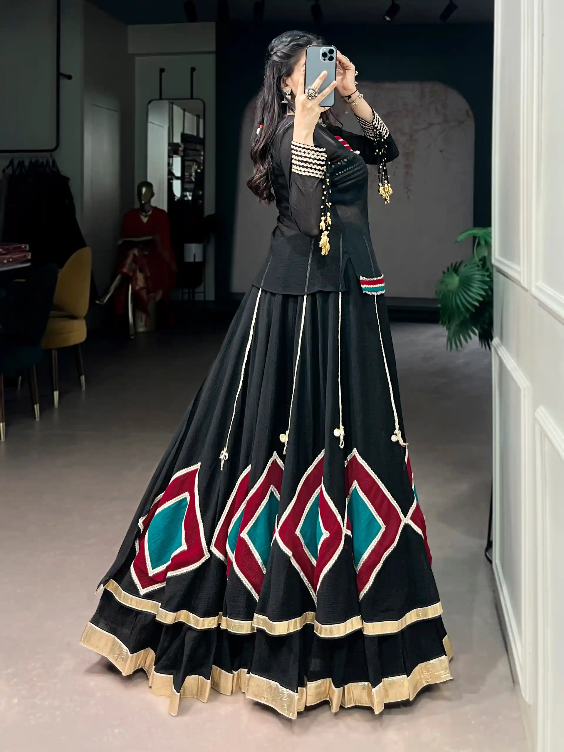 Black Navratri Chaniya Choli with 7 Meter Flair and Fancy Choli for Garba Nights