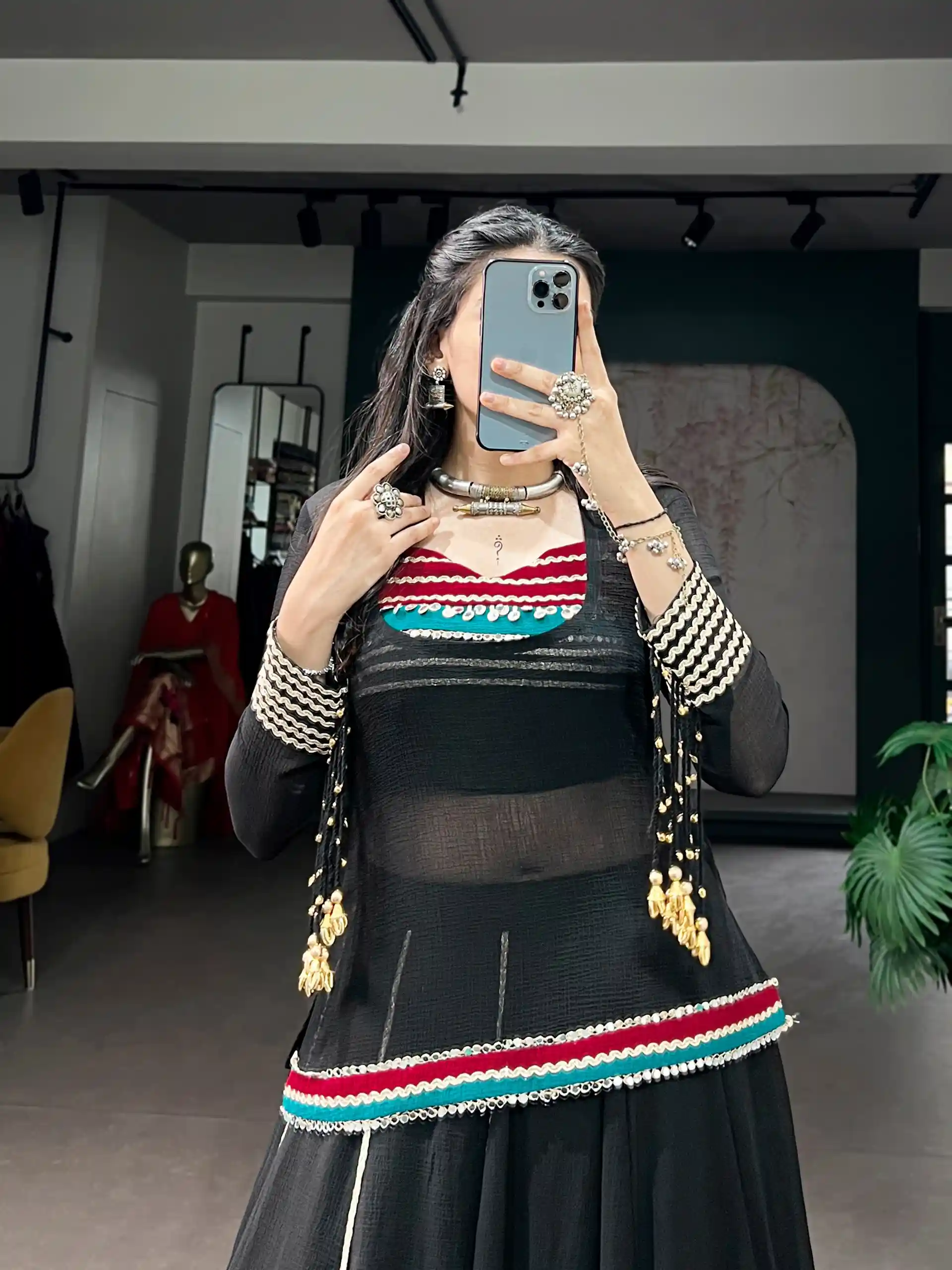 Black Chaniya with Fancy Choli for Navratri Garba Nights