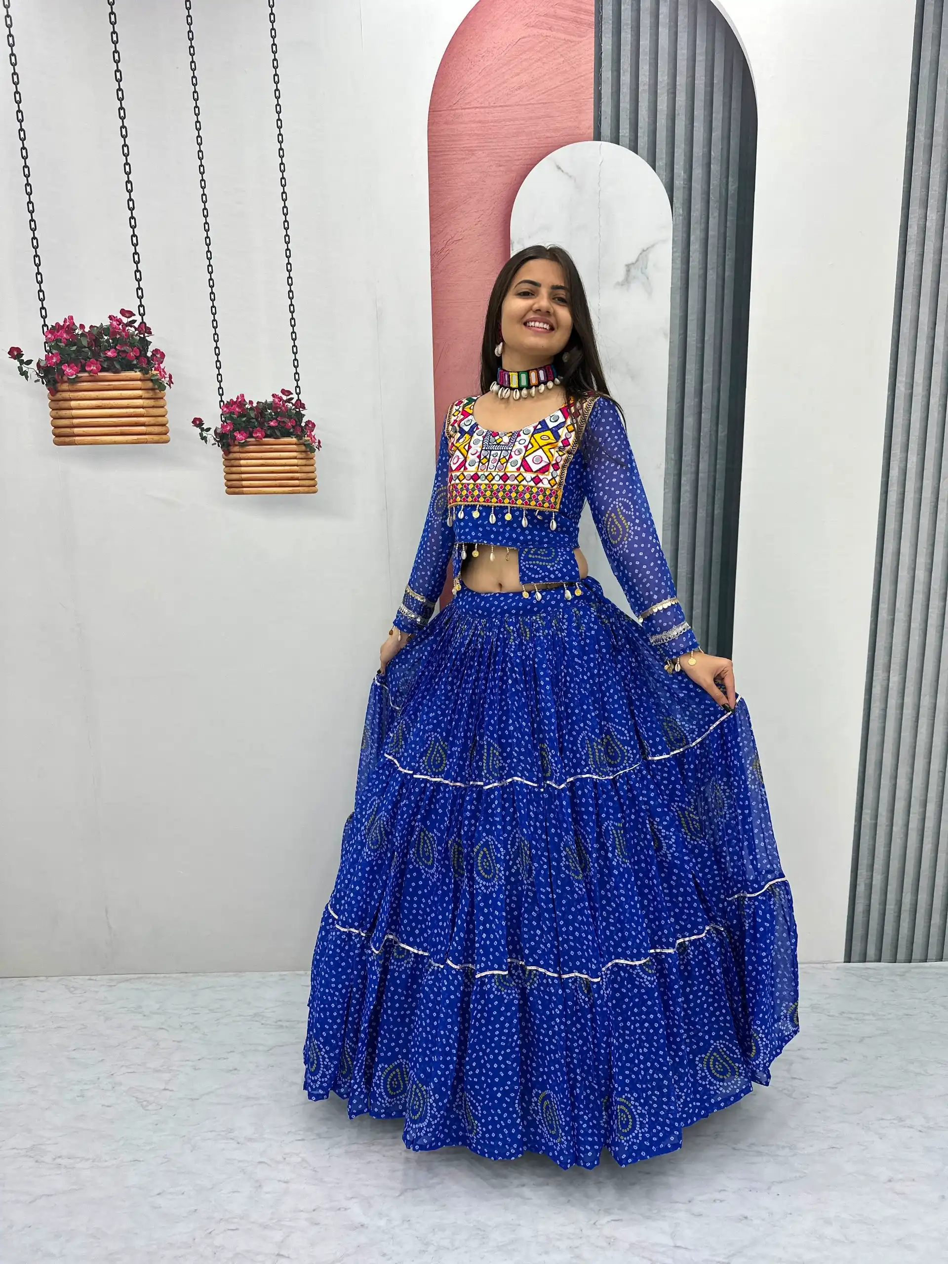 Bandhni Printed Lehenga Choli Co ord Set Blue Color