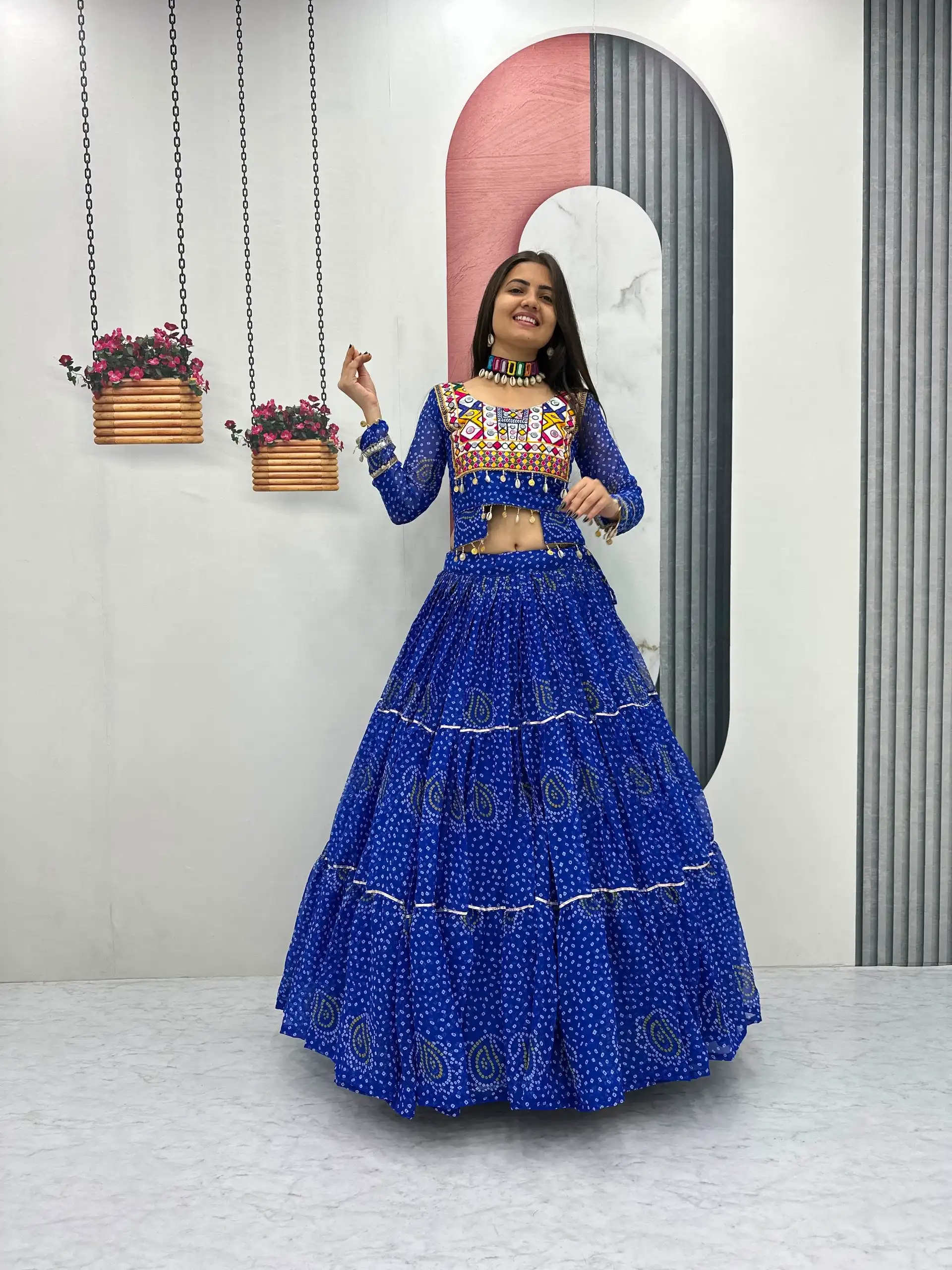 Bandhni Printed Lehenga Choli Co ord Set Blue Color