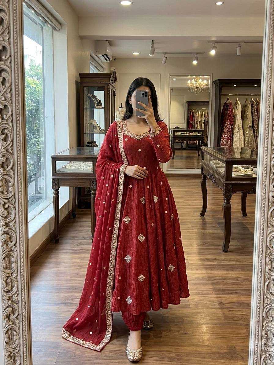 Designer Anarkali Suit in Maroon Color