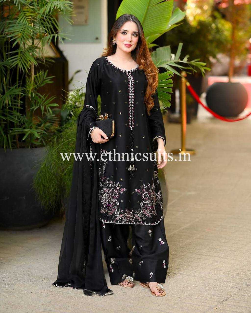 Black Farsi Salwar Suit With Multi Color Flower Embroidery