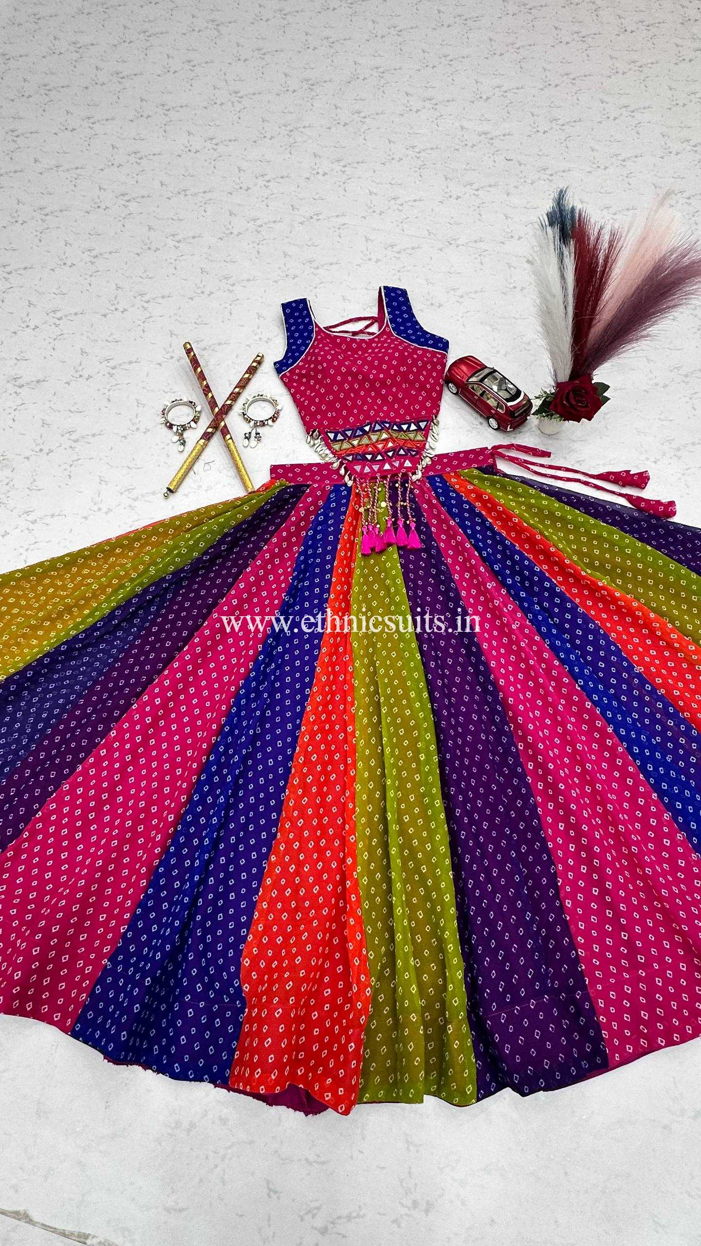 Multi Color Bandhni Printed Chaniya Choli with Fancy Sleeveless Blouse