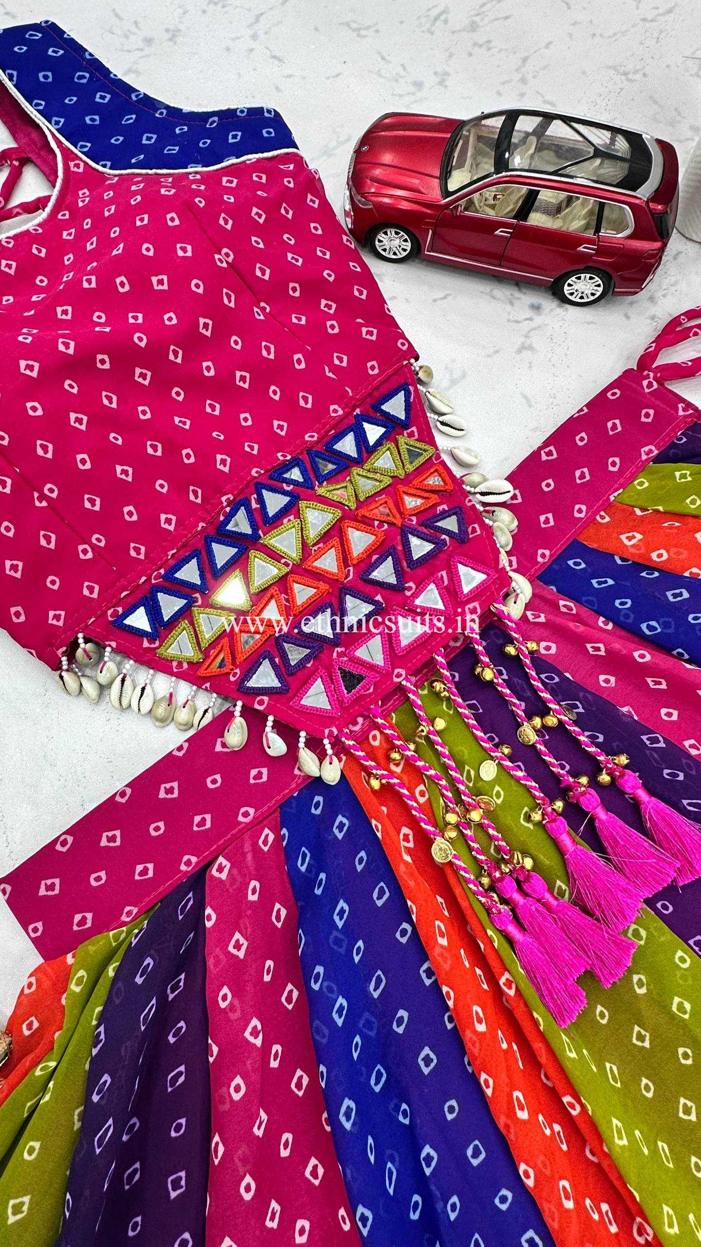 Multi Color Bandhni Printed Chaniya Choli with Fancy Sleeveless Blouse