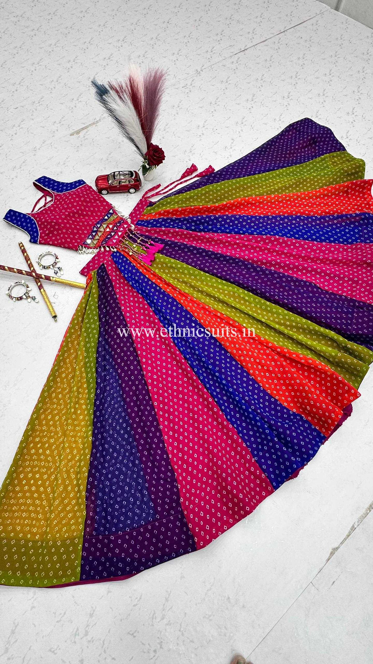 Multi Color Bandhni Printed Chaniya Choli with Fancy Sleeveless Blouse
