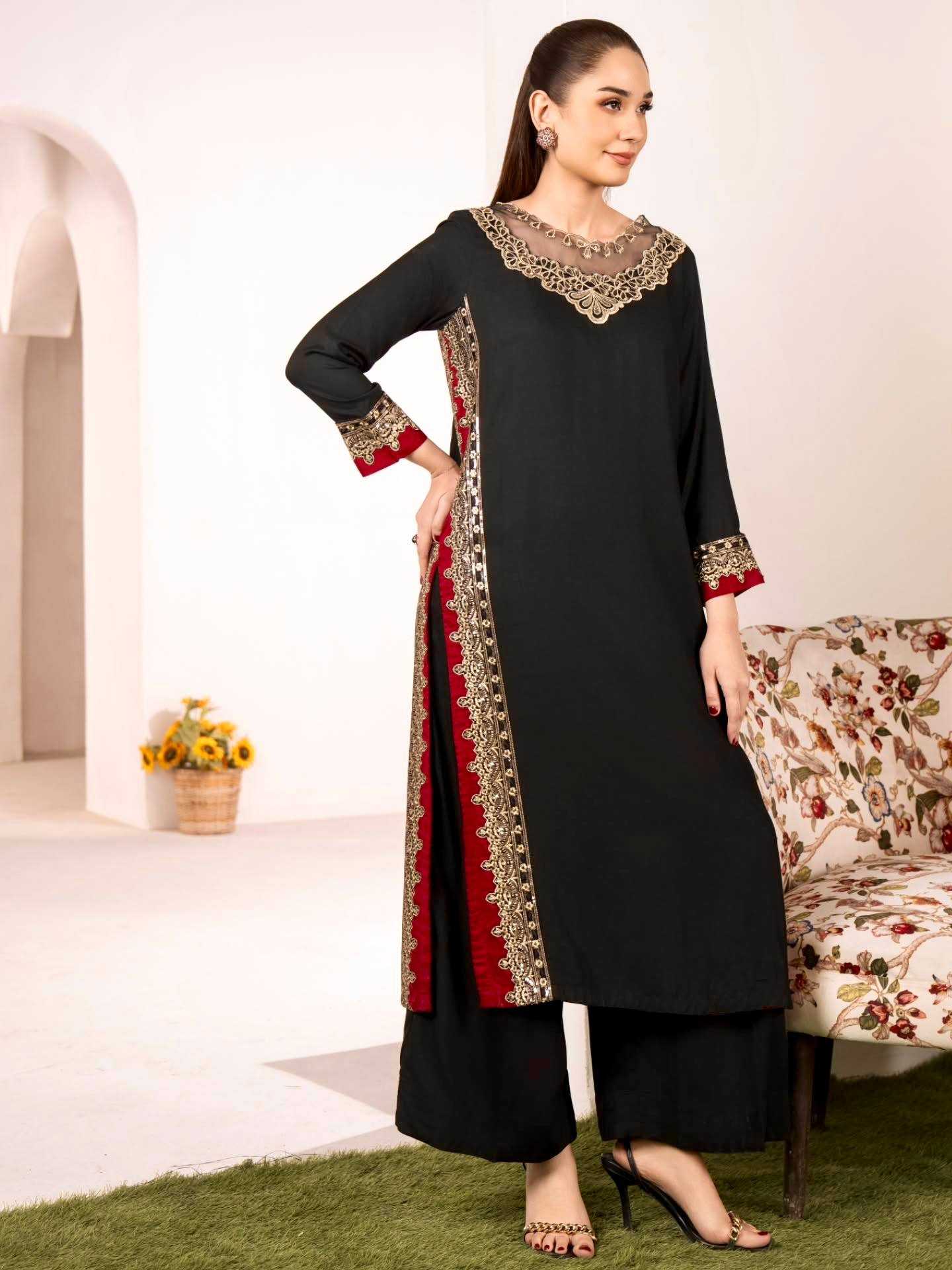 Black Straight Pakistani Suit with Side Embroidery