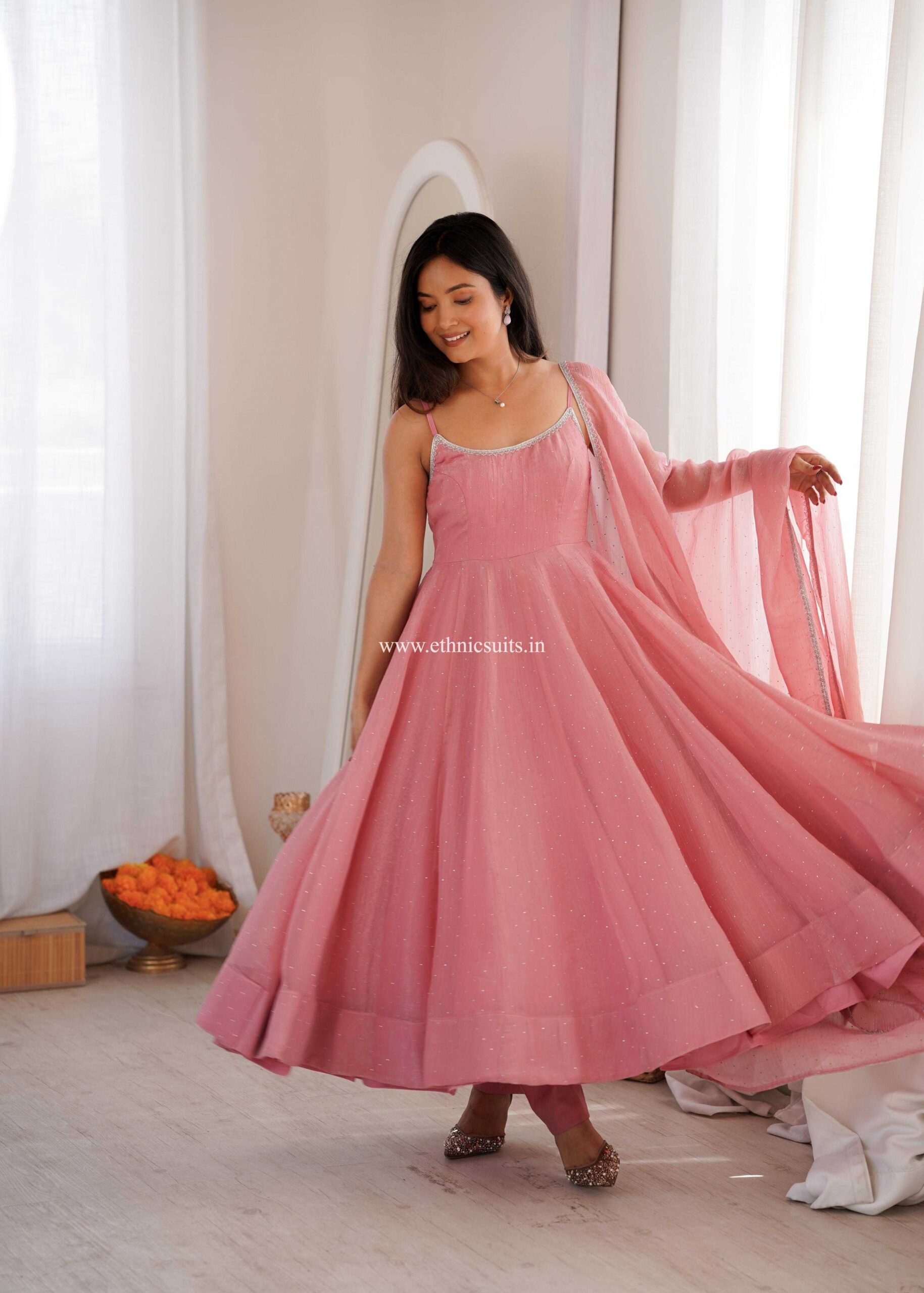Baby Pink Sleeveless Anarkali Dress for Girls