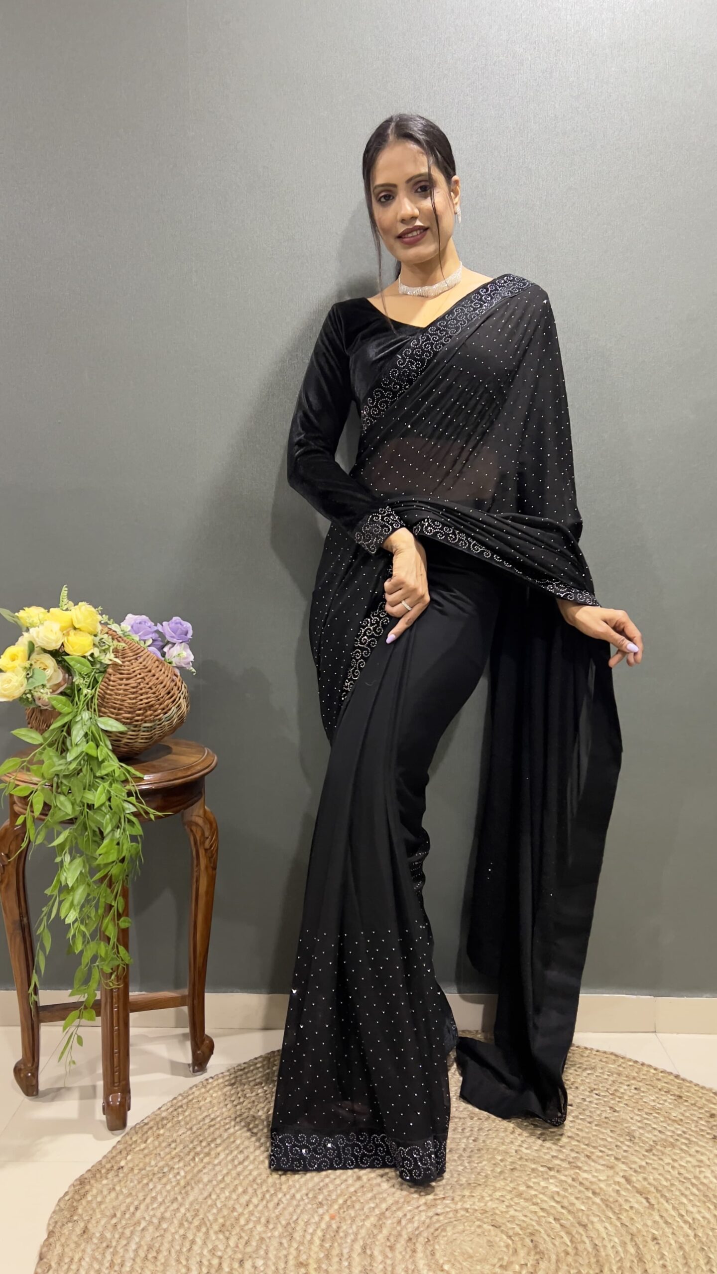 Beautiful Black Ready To Wear Saree With Stitched Blouse For Party Wear