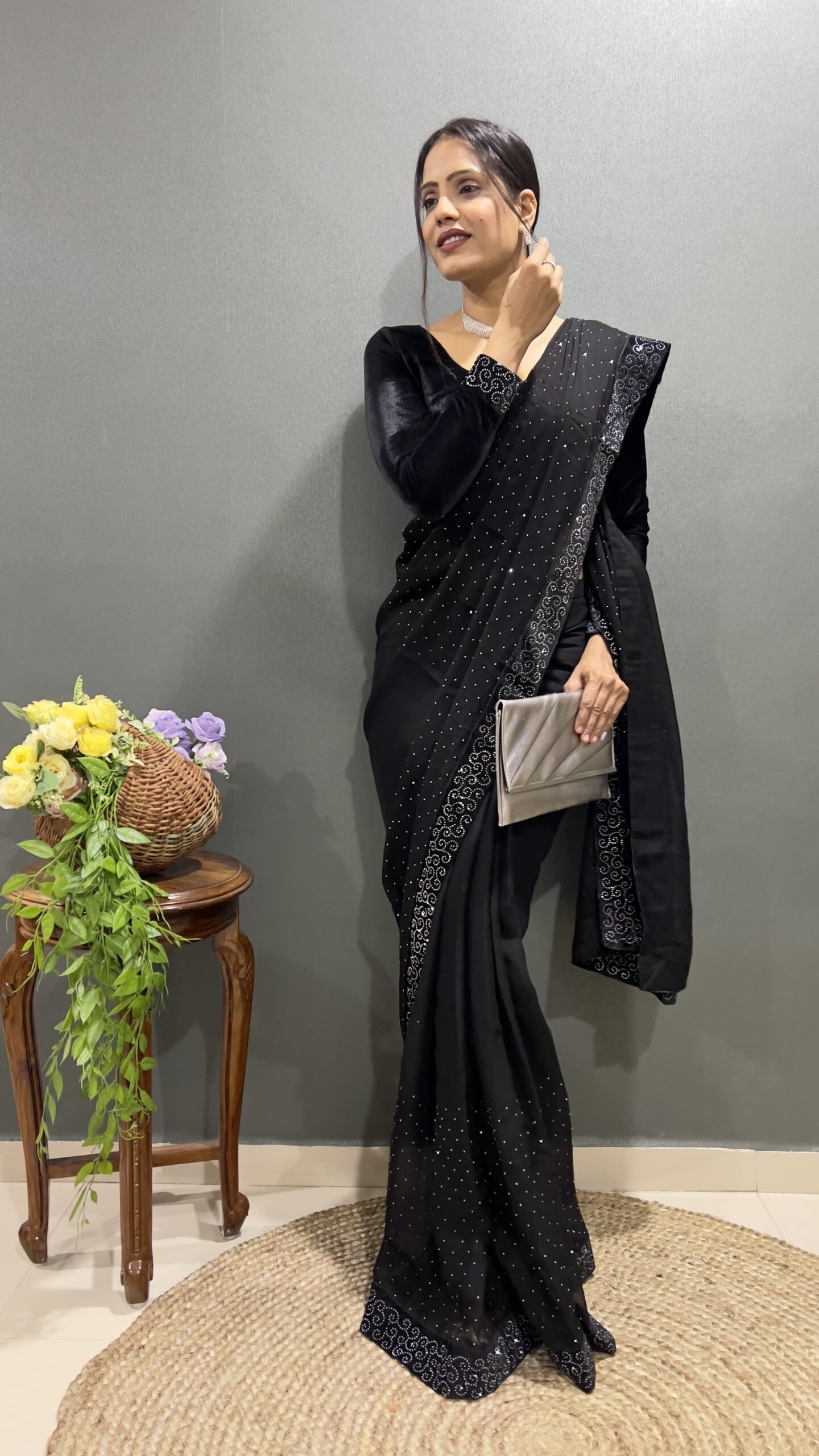 Beautiful Black Ready To Wear Saree With Stitched Blouse For Party Wear