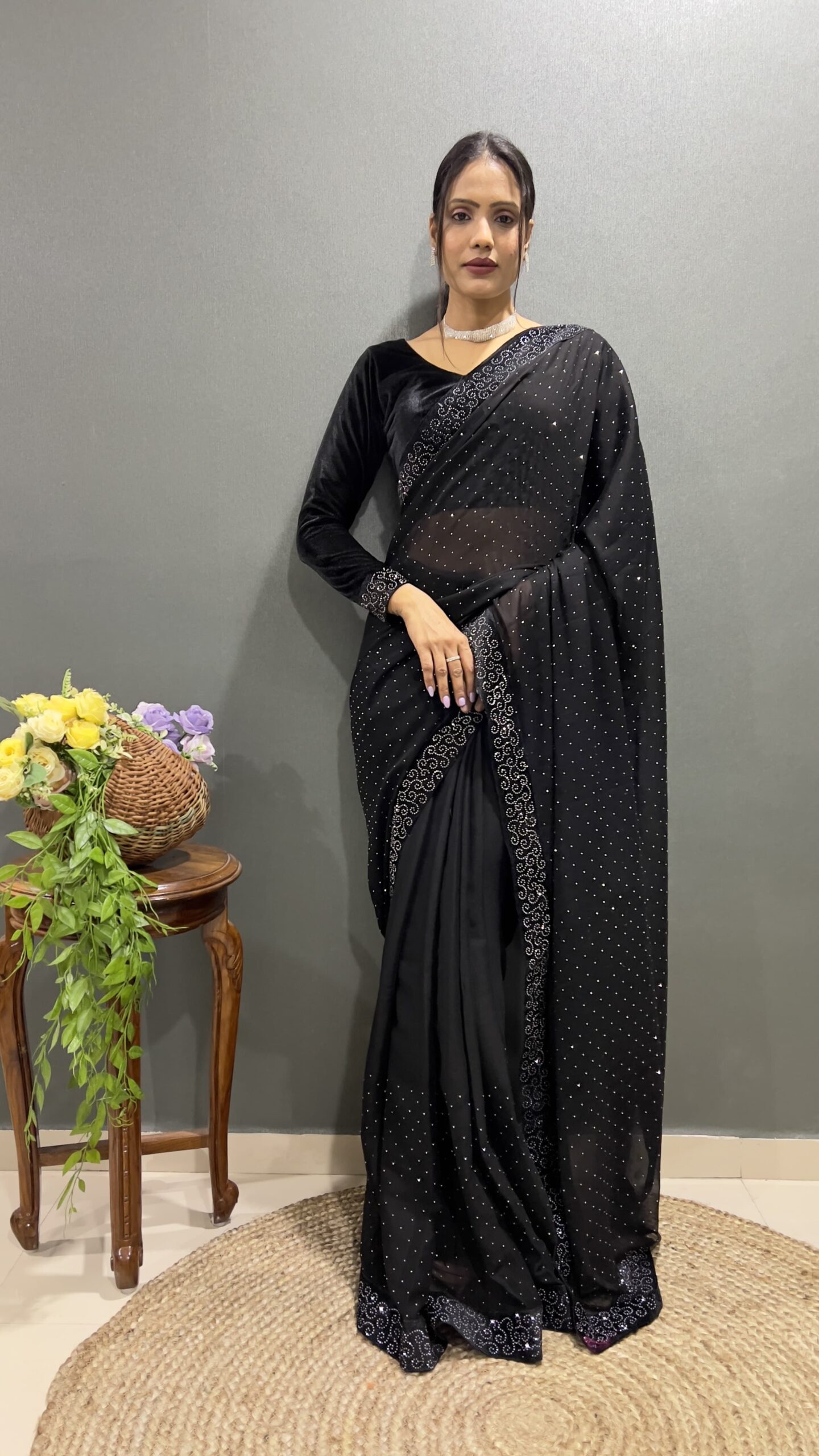 Beautiful Black Ready To Wear Saree With Stitched Blouse For Party Wear