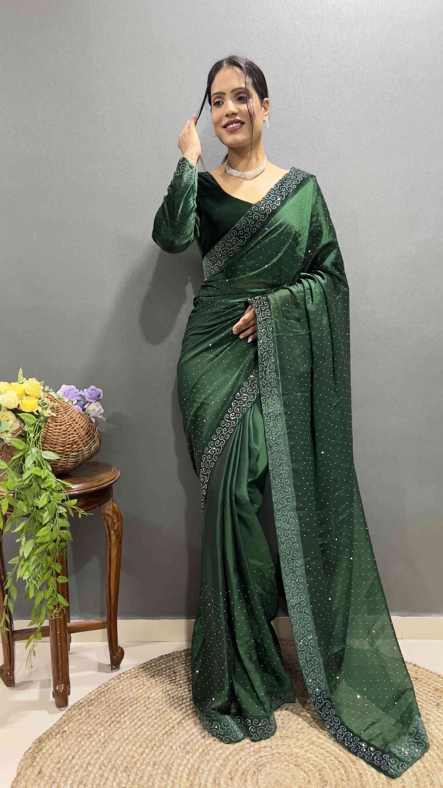 Beautiful Green Ready To Wear Saree With Stitched Blouse For Party Wear
