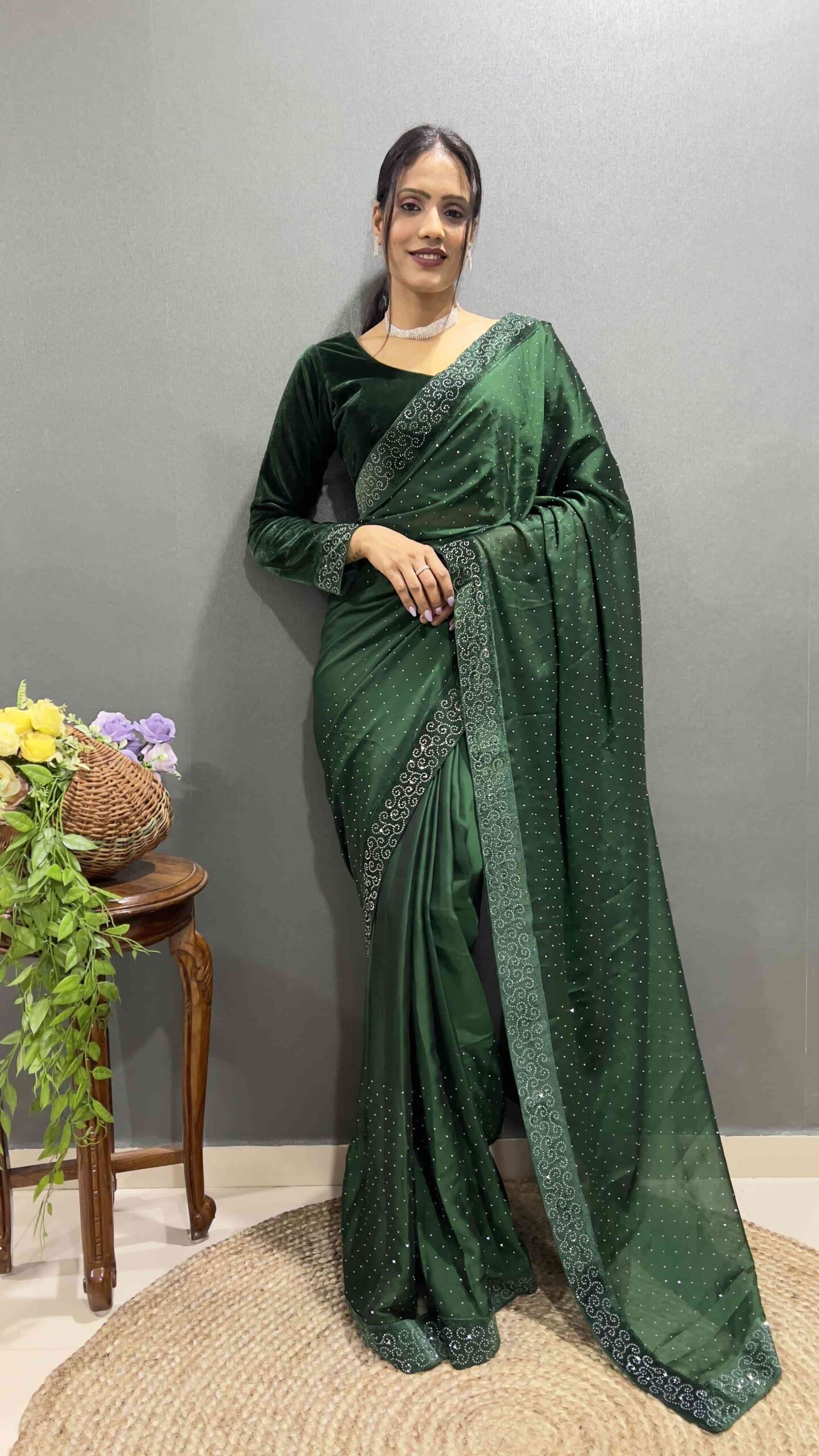 Beautiful Green Ready To Wear Saree With Stitched Blouse For Party Wear