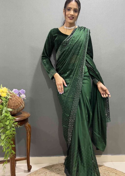 Beautiful Green Ready To Wear Saree With Stitched Blouse For Party Wear