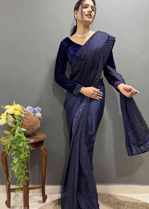 Beautiful Royalblue Ready To Wear Saree With Stitched Blouse For Party Wear