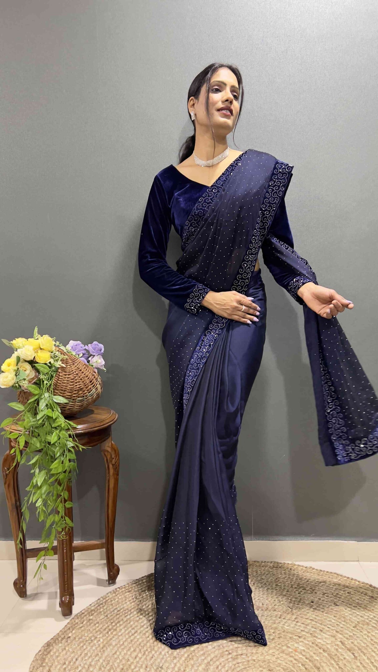 Beautiful Royalblue Ready To Wear Saree With Stitched Blouse For Party Wear