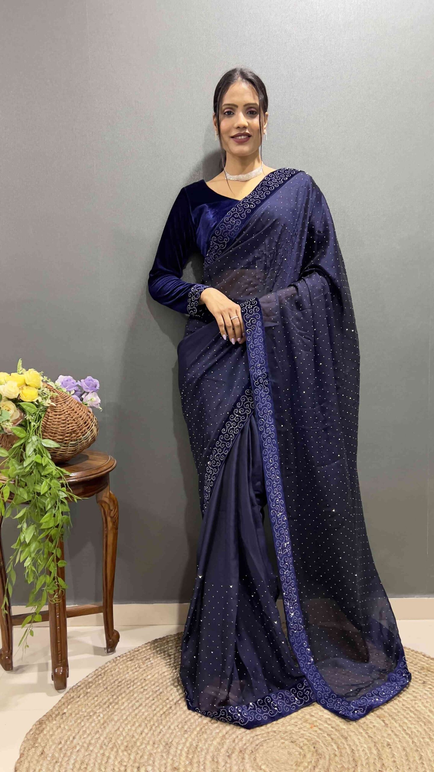 Beautiful Royalblue Ready To Wear Saree With Stitched Blouse For Party Wear
