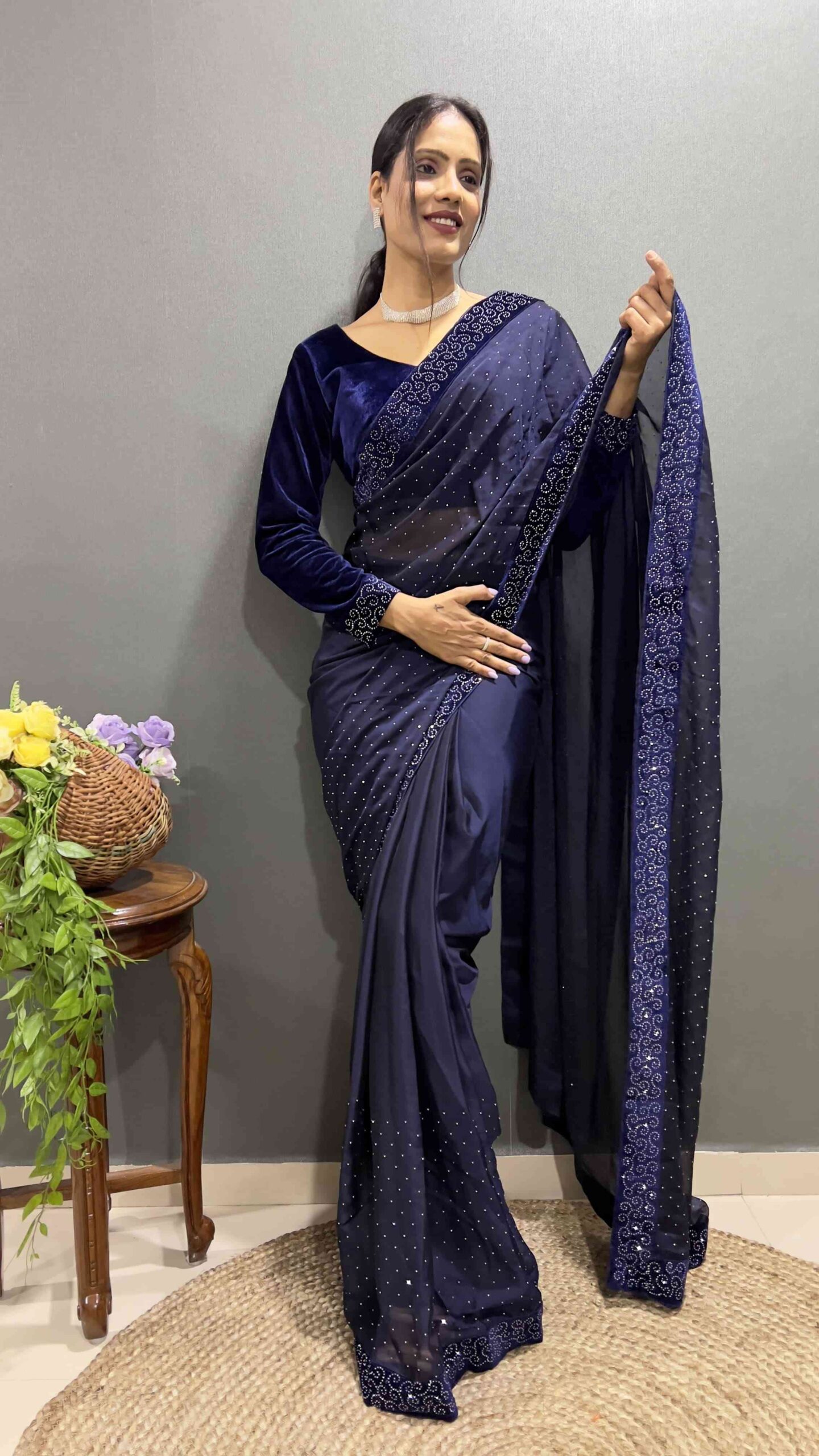 Beautiful Royalblue Ready To Wear Saree With Stitched Blouse For Party Wear