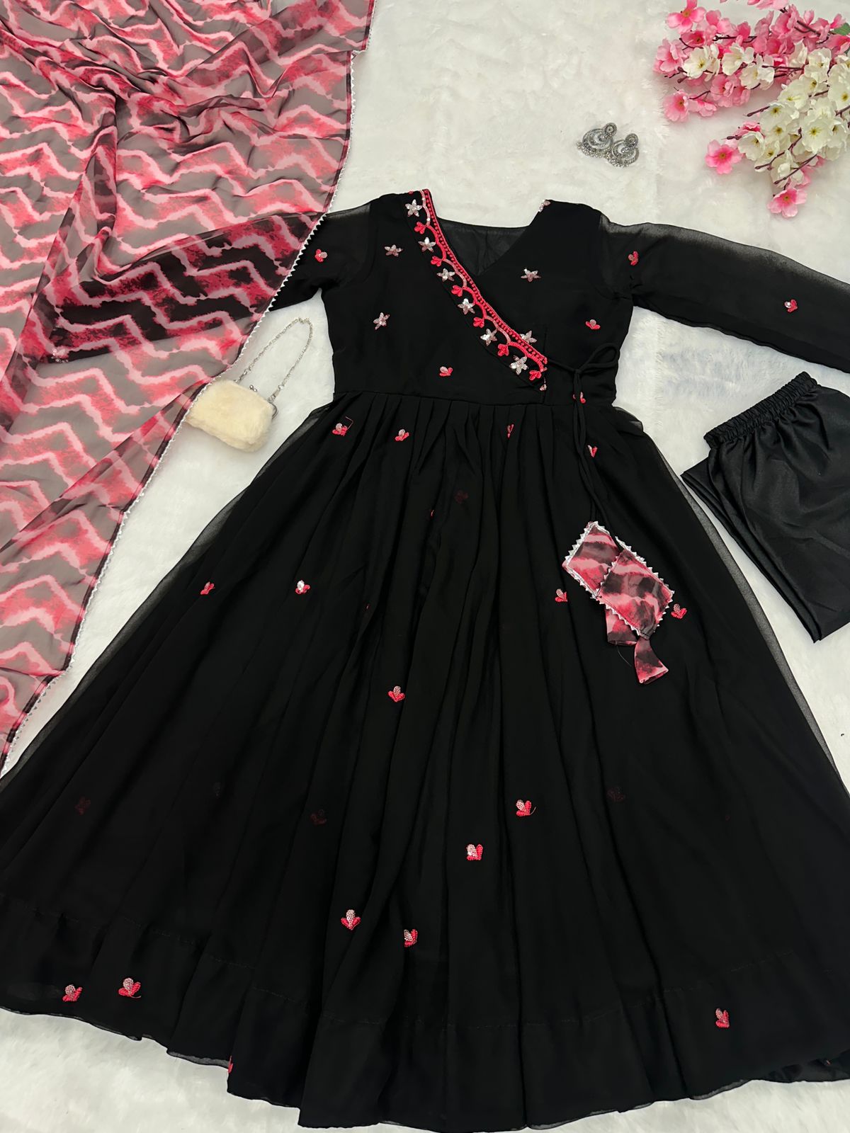 Black Designer Anarkali Suit with Red Embroidery and Sequence Work with Dupatta and Pant