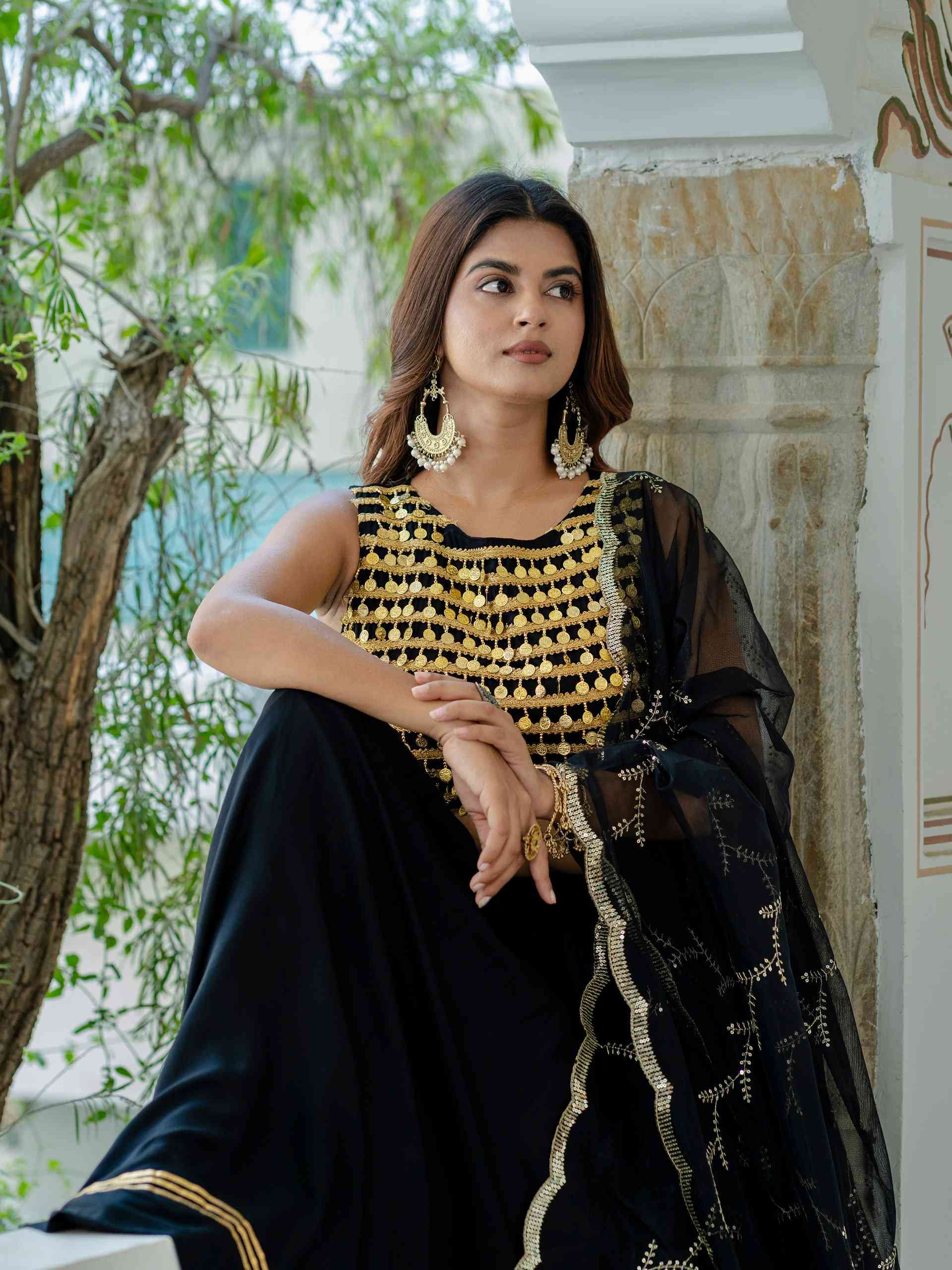 Black Ready To Wear Lehenga with Golden Work Blouse